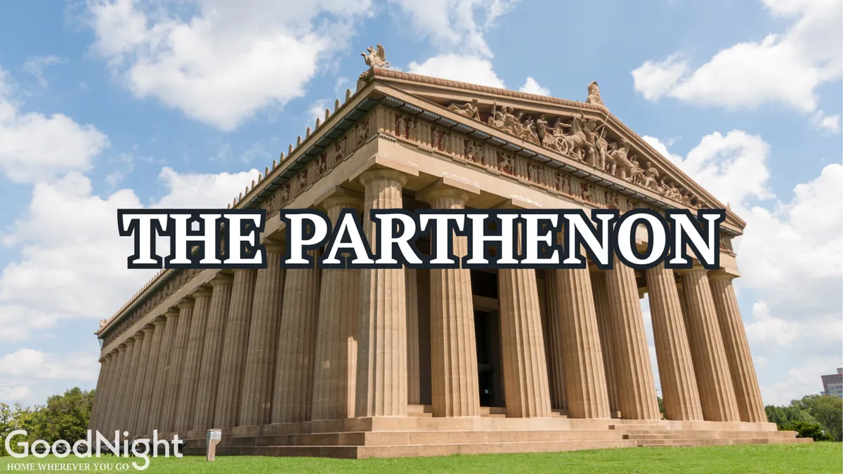 A sweeping view of The Parthenon, highlighting its impressive columns, intricate facade sculptures, and lush green surroundings. The image conveys the grandeur and educational value of this landmark, inviting visitors to learn and explore.